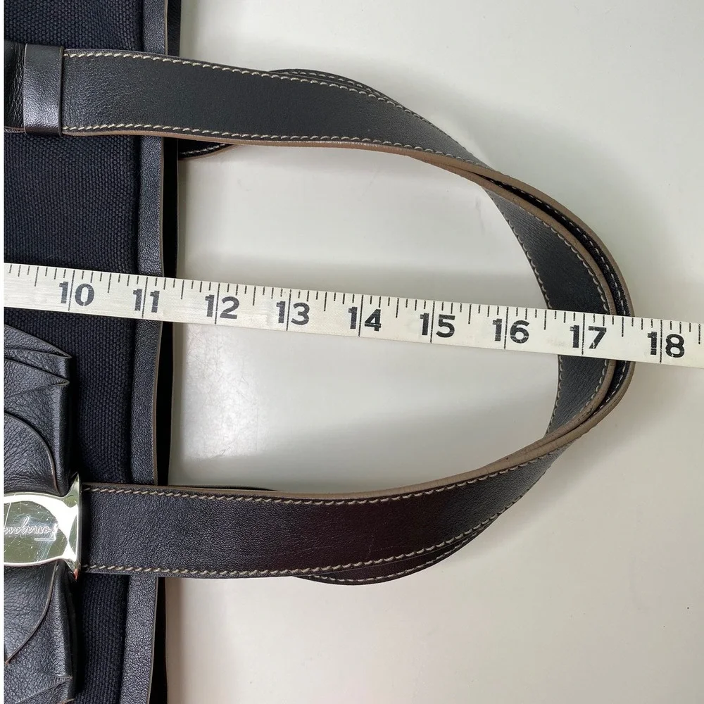 Salvatore Ferragamo Vara Ribbon Black‎ Canvas Leather Trimmed Tote Handbag Purse